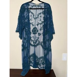 POLAGRAM Teal Lace Floral Open Front Kimono Cardigan Boho One‎ Size